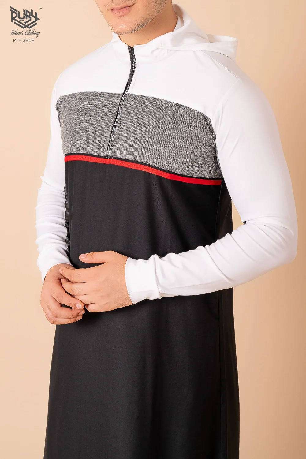 Men’s Black Hooded Thobe with White Sleeves & Red Stripe Panel - Image 5 - Ruby Online